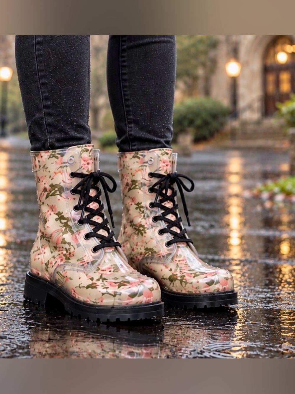 Combat style transparent floral rain boots / rubber boots jelly, laces. Size 7